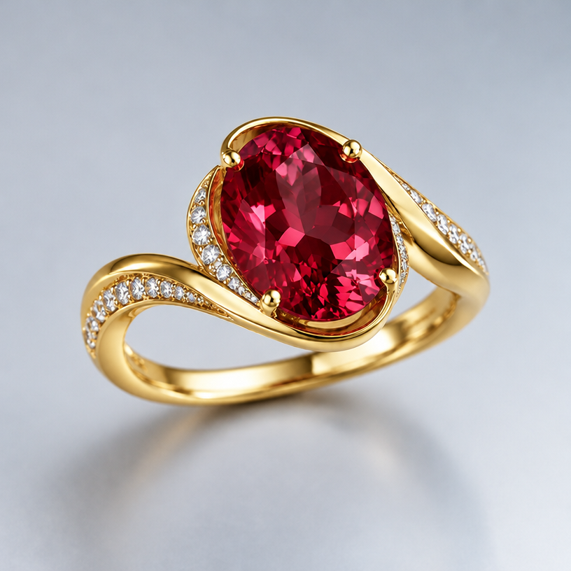 Make gold , gems is red color
edit the attached jewelry design with these instructions: Make gold , gems is red color. keep it photorealistic, just the design no text