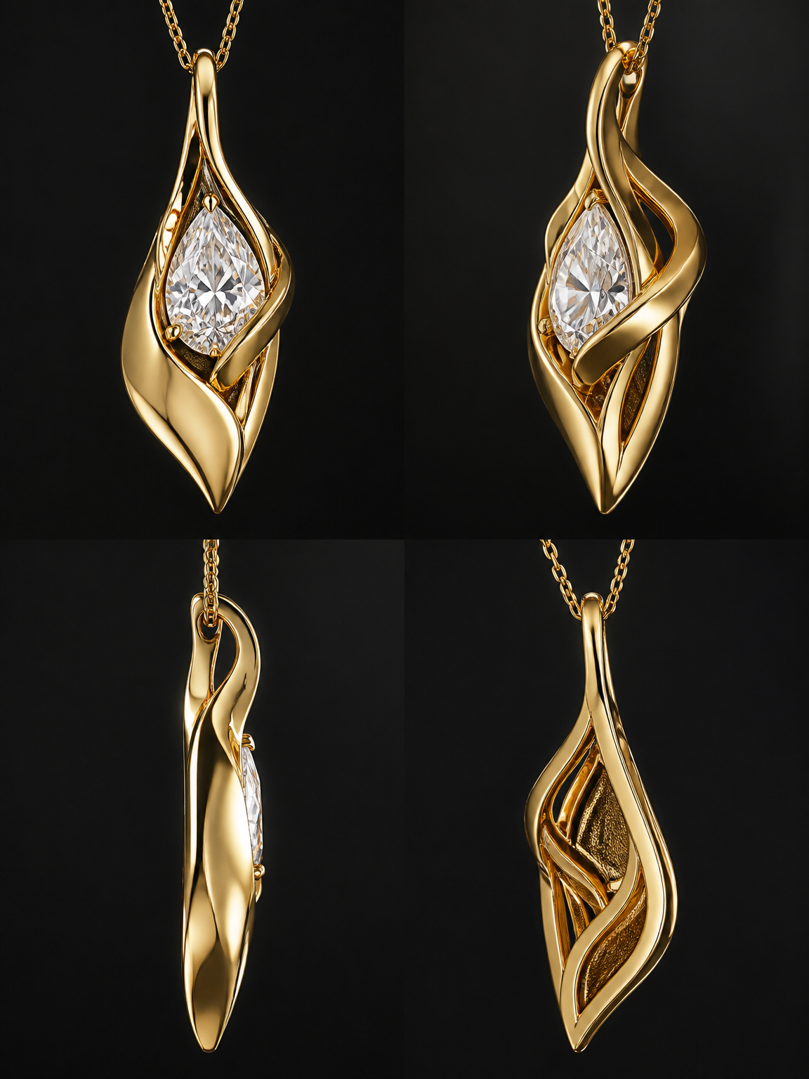 Design an original international fine-jewelry competition pendant for HRD Design Awards 2027, inspired by the theme “Where Earth Meets Eternity — Born from the Earth. Worn Forever.” The concept is a natural diamond emerging from a hidden geological origin into light, symbolizing a woman who stands independently yet carries the invisible strength, memory and continuity of those who came before her: “Strong enough to stand alone; rooted enough to never be alone.” Make the DIAMOND the true generator of the design, not an ornament added afterward: its position, proportions, setting and surrounding geometry must determine the entire composition. Develop the pendant as a sophisticated architectural structural system in 18K yellow gold, where a deep concealed origin gradually transforms into one strong, independent sculptural form that emerges upward around the diamond. Use controlled asymmetry, structural continuity, tension, negative space, variable thickness and carefully engineered junctions to express origin → emergence → independence → eternal light. The connection to the earth must be abstract and structural, never literal: no tree roots, branches, leaves, geological strata, layered walnut-like forms, decorative ribbons, infinity symbols, hearts, filigree, or multiple equal strands. The piece should feel like a rare natural phenomenon translated through architectural engineering into high jewelry. The main form must be powerful and complete enough to stand alone, while a subtle secondary structural trajectory reveals the hidden origin from selected angles. Integrate one exceptional natural pear-cut diamond at the precise structural convergence where the hidden origin becomes visible light; the setting must be elegant, secure and physically believable. Classic luxury with contemporary sculptural character, feminine strength, memorable silhouette, sophisticated rather than minimalist, highly original and competition-worthy. Realistic manufacturing, believable metal thickness, wearable proportions and an integrated chain connection. Show the final pendant as a true high-jewelry object, front hero, three-quarter, side and back structural views, with photorealistic 18K yellow gold and natural diamond, dark neutral background, no presentation board, no text, no labels.
photorealistic jewelry design, Design an original international fine-jewelry competition pendant for HRD Design Awards 2027, inspired by the theme “Where Earth Meets Eternity — Born from the Earth. Worn Forever.” The concept is a natural diamond emerging from a hidden geological origin into light, symbolizing a woman who stands independently yet carries the invisible strength, memory and continuity of those who came before her: “Strong enough to stand alone; rooted enough to never be alone.” Make the DIAMOND the true generator of the design, not an ornament added afterward: its position, proportions, setting and surrounding geometry must determine the entire composition. Develop the pendant as a sophisticated architectural structural system in 18K yellow gold, where a deep concealed origin gradually transforms into one strong, independent sculptural form that emerges upward around the diamond. Use controlled asymmetry, structural continuity, tension, negative space, variable thickness and carefully engineered junctions to express origin → emergence → independence → eternal light. The connection to the earth must be abstract and structural, never literal: no tree roots, branches, leaves, geological strata, layered walnut-like forms, decorative ribbons, infinity symbols, hearts, filigree, or multiple equal strands. The piece should feel like a rare natural phenomenon translated through architectural engineering into high jewelry. The main form must be powerful and complete enough to stand alone, while a subtle secondary structural trajectory reveals the hidden origin from selected angles. Integrate one exceptional natural pear-cut diamond at the precise structural convergence where the hidden origin becomes visible light; the setting must be elegant, secure and physically believable. Classic luxury with contemporary sculptural character, feminine strength, memorable silhouette, sophisticated rather than minimalist, highly original and competition-worthy. Realistic manufacturing, believable metal thickness, wearable proportions and an integrated chain connection. Show the final pendant as a true high-jewelry object, front hero, three-quarter, side and back structural views, with photorealistic 18K yellow gold and natural diamond, dark neutral background, no presentation board, no text, no labels., modern style, just the design no text