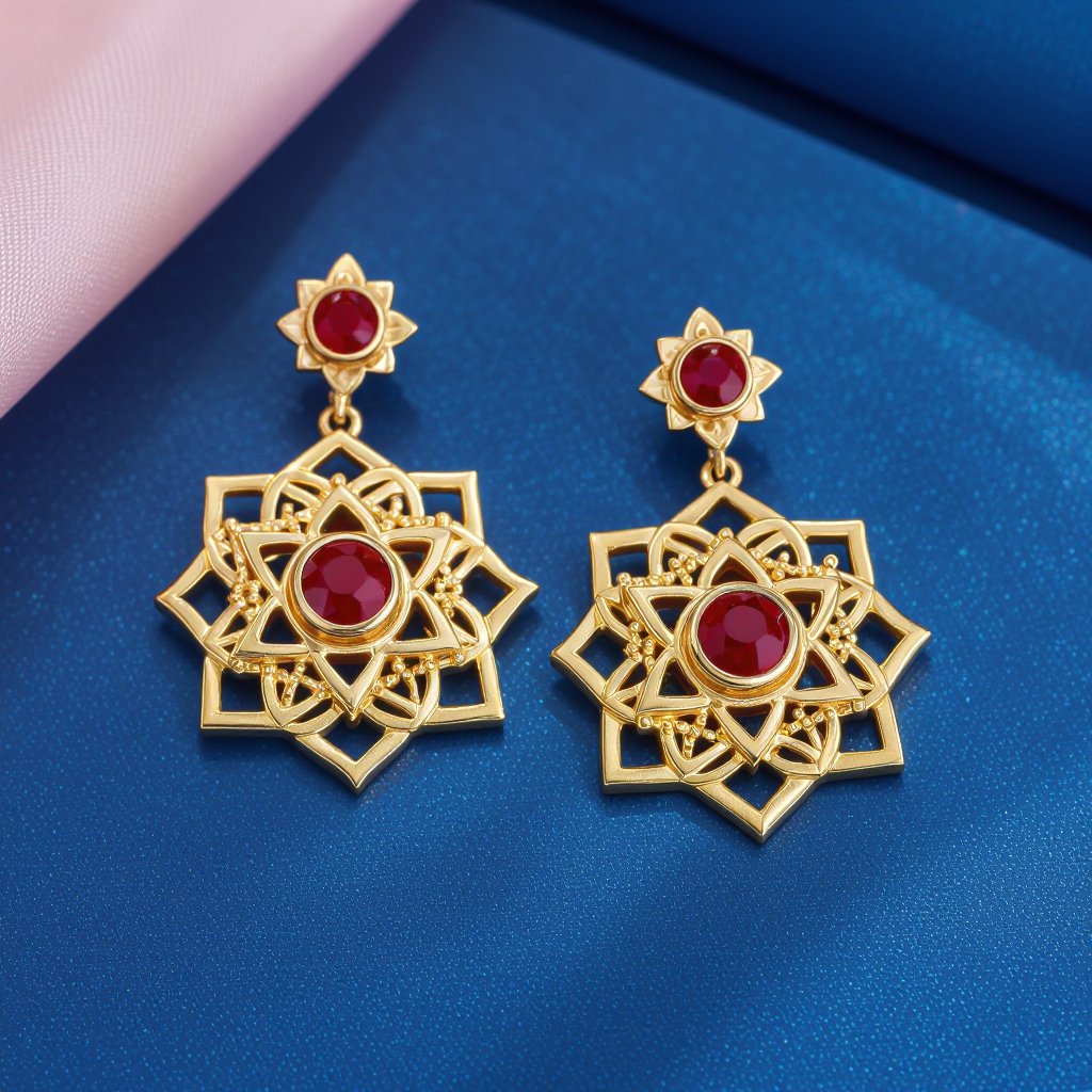  золотые матовые серьги в виде изображения чакры муладхары с красным камнем