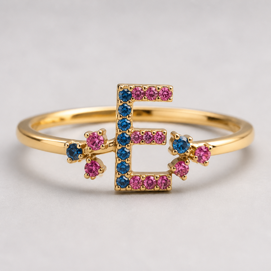A contemporary women's ring made of gold, minimalist, simple and delicate, clean lines. um anel de 15 anos com inicial E com pedrinhas azul e pedrinhas rosa em volta
photorealistic jewelry design, A contemporary women's ring made of gold, minimalist, simple and delicate, clean lines. um anel de 15 anos com inicial E com pedrinhas azul e pedrinhas rosa em volta, contemporary style, just the design no text