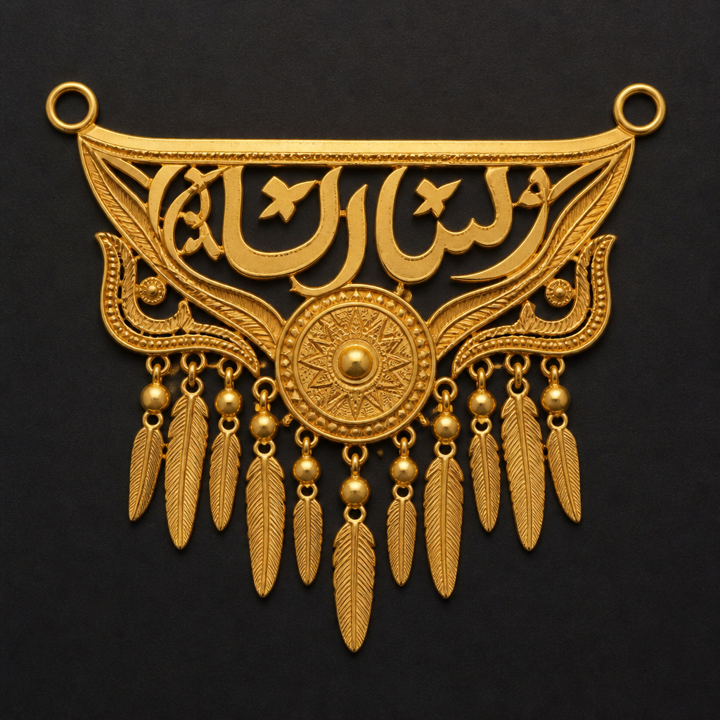 Phatta this name make in arabik 22k
photorealistic jewelry design, Phatta this name make in arabik 22k, native_american style, just the design no text