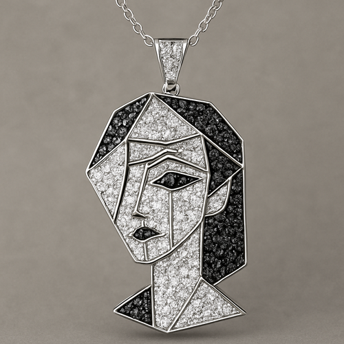 Geomatric pendant of architecture shape of girl face with black and white diamonds 