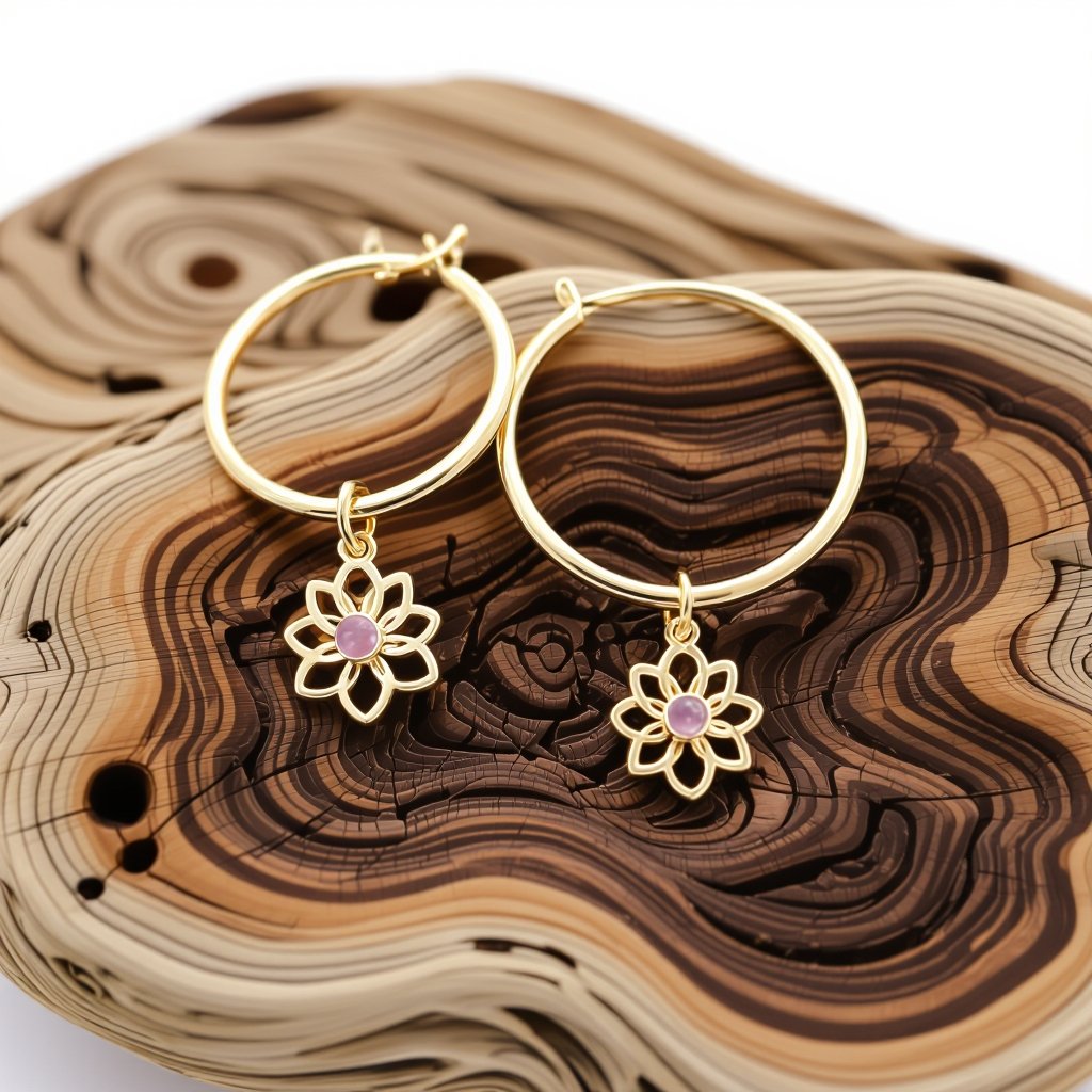 Серьги небольшие кольца, подвеска в виде золотого лотоса шестью лепестками с маленьким розовым кварцем по центру