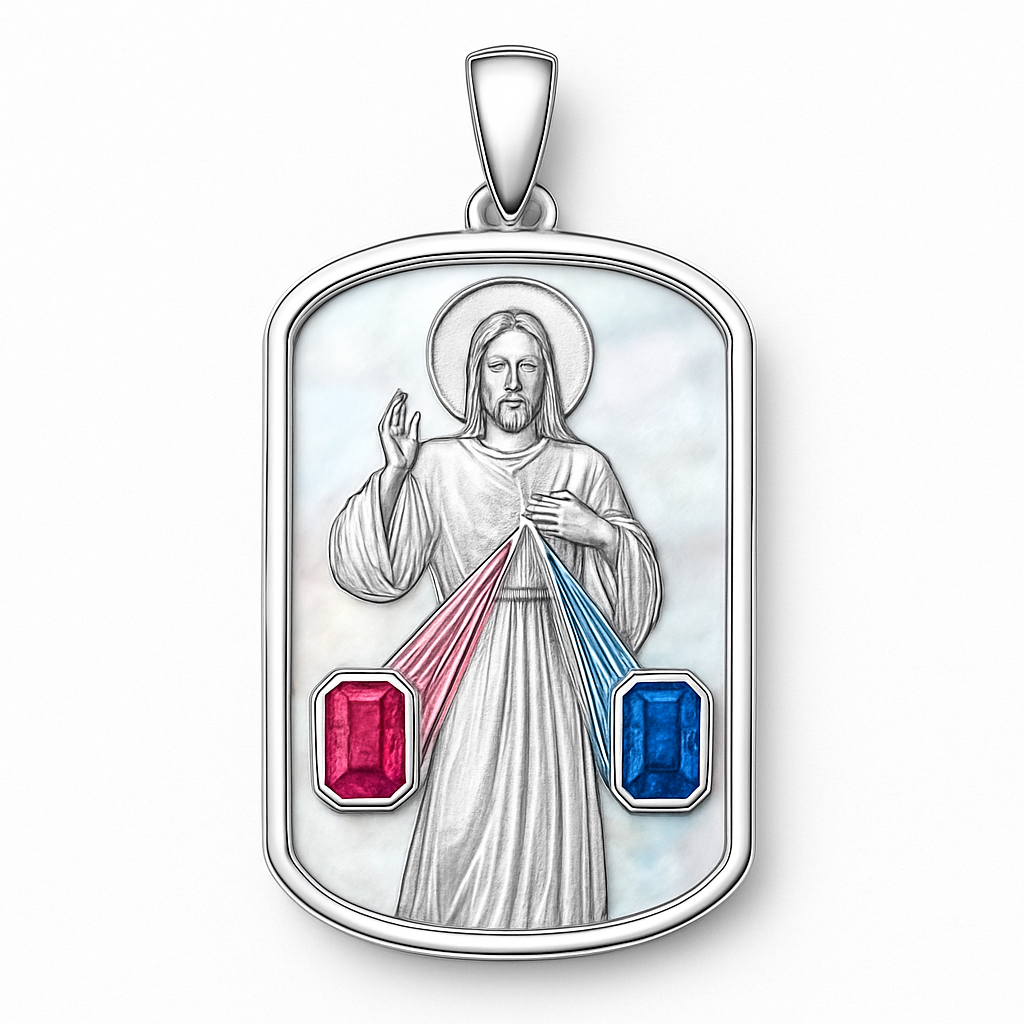 Sterling silver Divine mercy of Jesus dog tag pendant with a mother of pearl background and ruby coming from one side and blue sapphire on the other