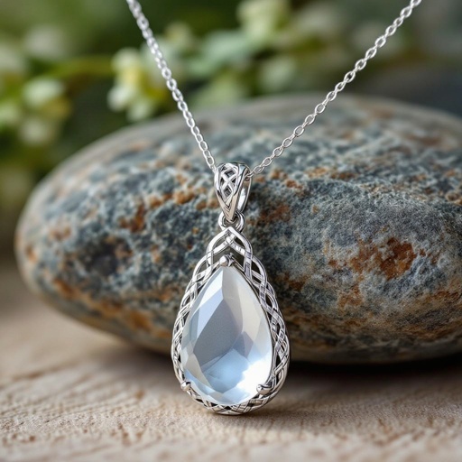A  Celtic 50 carat drop-cut IF smooth moonstone gemstone necklace with white gold lining around it 