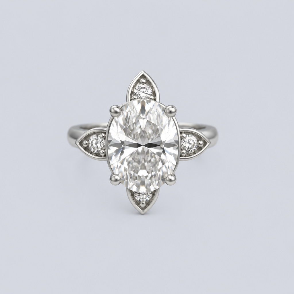 Oval diamond centre stone with 4 accent petals in white gold
photorealistic jewelry design, Oval diamond centre stone with 4 accent petals in white gold , bespoke style, just the design no text