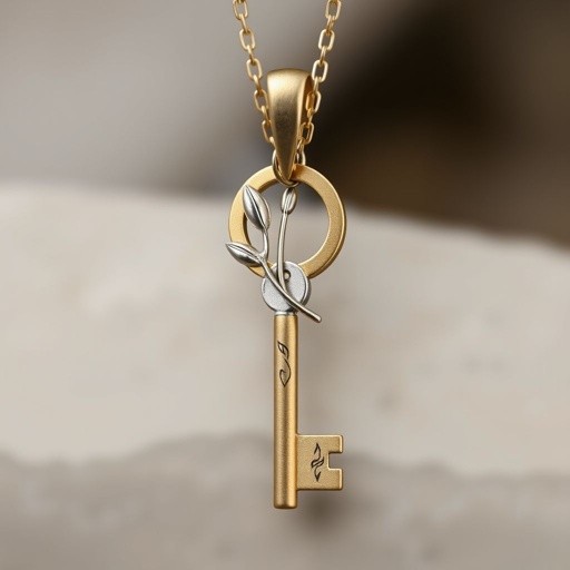 Old skeleton key shape gold and silver tones with olive branch turning on leg and keffieh print on the tip