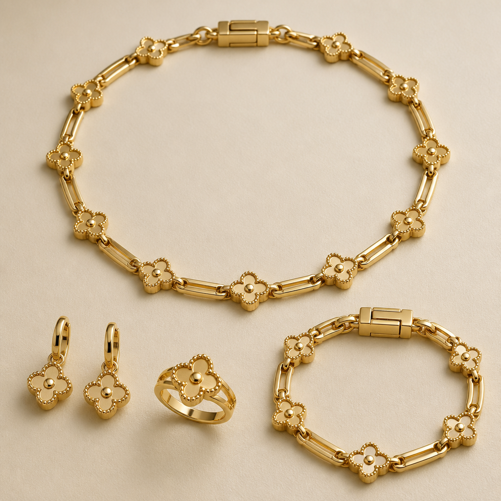 A gold women's necklace made of gold, detailed and decorative, moderately ornate. make ring and bracelet and earrings with it in the same design and make necklace and bracelet with box clasp and do it inspired of mix cartier and van cleef brands
photorealistic jewelry design, A gold women's necklace made of gold, detailed and decorative, moderately ornate. make ring and bracelet and earrings with it in the same design and make necklace and bracelet with box clasp and do it inspired of mix cartier and van cleef brands, gold style, just the design no text