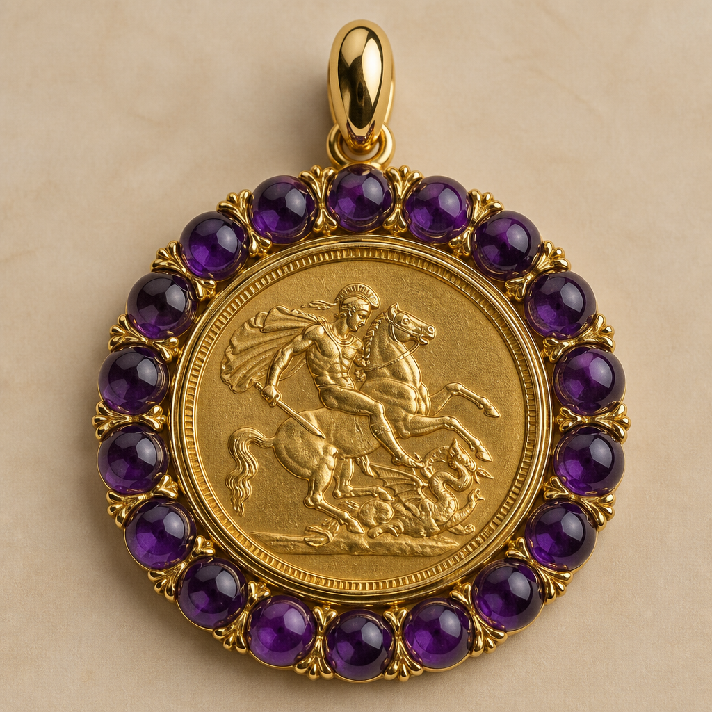A vintage women's necklace made of gold with amethyst stones suitable for anniversary, highly ornate, intricate and elaborate, richly detailed. "Design a circular pendant featuring an antique 1918 gold sovereign coin in 18K yellow gold as the centerpiece. The coin face depicts St. George on horseback slaying a dragon, in high-relief engraved detail, with '1918' inscribed at the bottom edge. The coin sits within a decorative reeded/milled-edge 18K yellow gold bezel frame.
Surrounding the coin, add a full circular halo of round cabochon-cut natural amethyst beads (approx. 6-8mm each, deep purple, polished and translucent, genuine gemstone) set closely together like a rosary/prayer-bead border, fully encircling the coin frame.
At the top, attach a polished 18K yellow gold bail/loop (oval, smooth, high-shine) for a chain to pass through, centered above the coin.
Materials: solid 18K yellow gold, natural amethyst gemstone beads, antique gold coin finish.
Style: Vintage, regal, antique coin jewelry aesthetic, symmetrical circular composition.
photorealistic jewelry design, A vintage women's necklace made of gold with amethyst stones suitable for anniversary, highly ornate, intricate and elaborate, richly detailed. "Design a circular pendant featuring an antique 1918 gold sovereign coin in 18K yellow gold as the centerpiece. The coin face depicts St. George on horseback slaying a dragon, in high-relief engraved detail, with '1918' inscribed at the bottom edge. The coin sits within a decorative reeded/milled-edge 18K yellow gold bezel frame.
Surrounding the coin, add a full circular halo of round cabochon-cut natural amethyst beads (approx. 6-8mm each, deep purple, polished and translucent, genuine gemstone) set closely together like a rosary/prayer-bead border, fully encircling the coin frame.
At the top, attach a polished 18K yellow gold bail/loop (oval, smooth, high-shine) for a chain to pass through, centered above the coin.
Materials: solid 18K yellow gold, natural amethyst gemstone beads, antique gold coin finish.
Style: Vintage, regal, antique coin jewelry aesthetic, symmetrical circular composition., vintage style, just the design no text