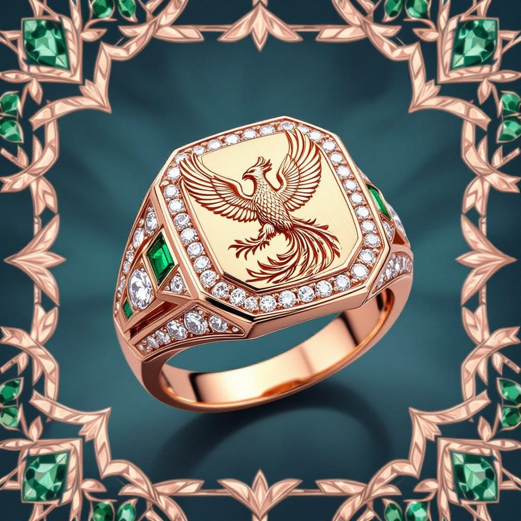 Set of Geomatric rose gold and A platinum signet ring with phoenix printed on it for women Design a luxurious platinum signet ring that embodies the elegance of Art Deco style, featuring a striking phoenix rendered in intricate geometric patterns. Emphasize bold lines and symmetry, with contrasting finishes for depth. Adorn the ring with brilliant-cut diamonds and emeralds, capturing the spirit of rebirth and timeless sophistication. Rose gold geometric ring. Platinum signet ring with a phoenix. Platinum Art Deco signet ring with a phoenix, brilliant-cut diamonds, and emeralds.
