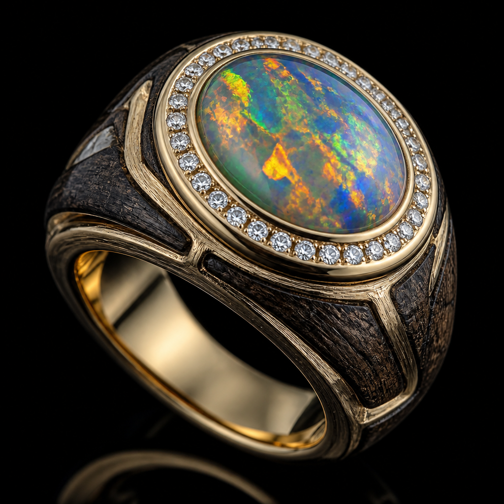 Gold and spralted oak with a dark stain that has a vivid opal surrounded by diamonds
photorealistic jewelry design, Gold and spralted oak with a dark stain that has a vivid opal surrounded by diamonds
, mixed_metal style, just the design no text