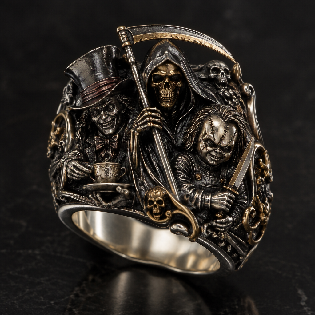 A gothic men's ring made of mixed metal suitable for formal. a reaper with a skeleton with the madhatter with chucky
photorealistic jewelry design, A gothic men's ring made of mixed metal suitable for formal. a reaper with a skeleton with the madhatter with chucky, gothic style, just the design no text