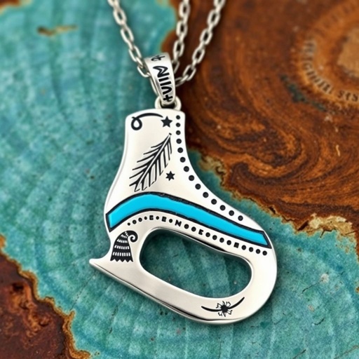 Silver Pendant shape one ice skate with turquoise stripe inside the low thin part blade
