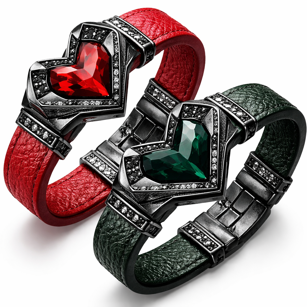 Geomatric leather bangel red and green of heart of geomatric shape and bold style and edgey for matching couples of white background of gd with black and white diamond of red color for her and dark green for him
