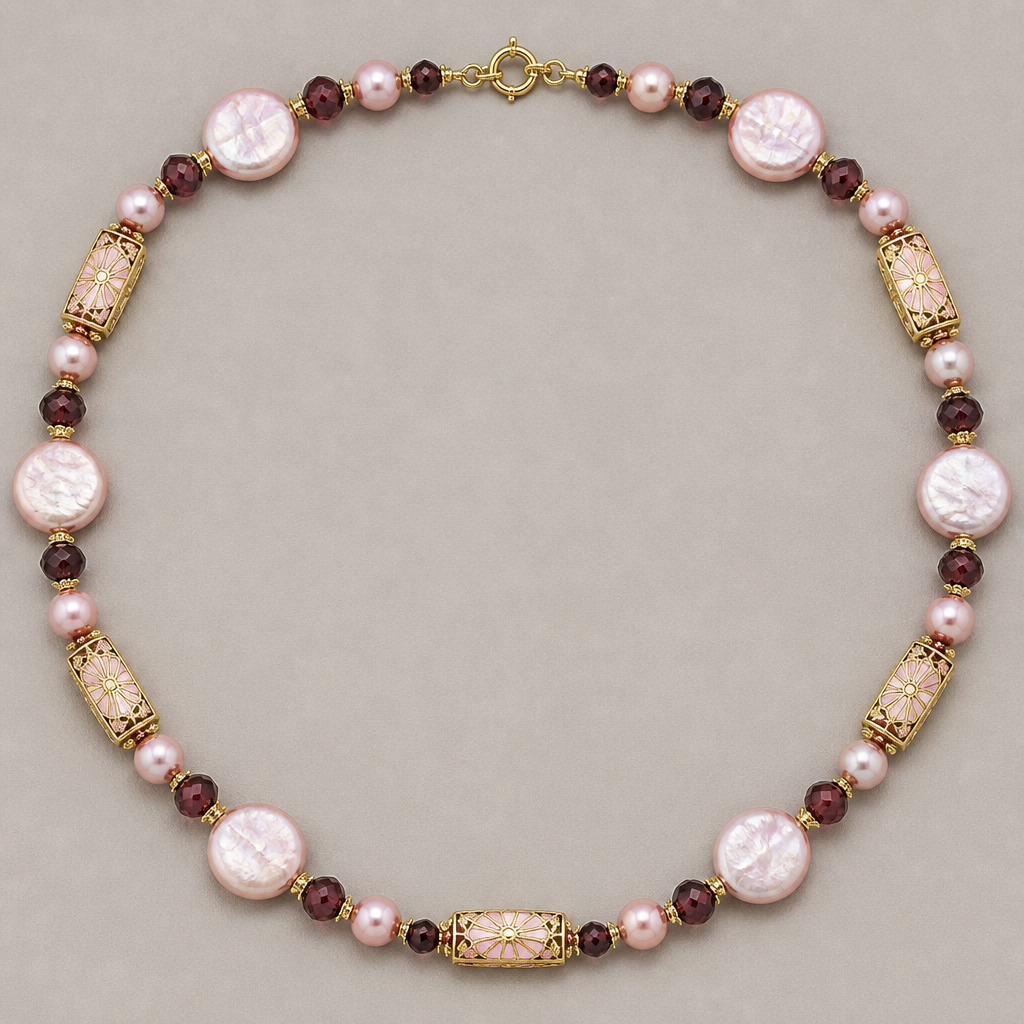 8mm coin pearls pink luster, pink luster round pearls 6mm, garnet spacers 4mm rounds. Gold filigree cloisonné rectangle beads with pick enamel
photorealistic jewelry design, 8mm coin pearls pink luster, pink luster round pearls 6mm, garnet spacers 4mm rounds. Gold filigree cloisonné rectangle beads with pick enamel, art_deco style, just the design no text