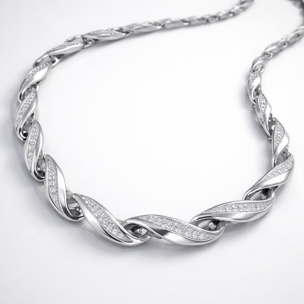 A flexible necklace which is not rigid and inspired of twisted flat wire and it has links that connected the small pieces with eachothe and it has diamondr