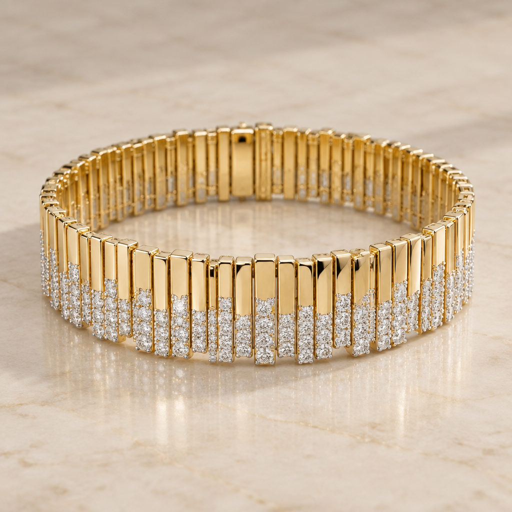 Design an elegant, high-end yellow-gold bracelet composed of a continuous sequence of slim, elongated rectangular bars arranged tightly side by side around the wrist. The bracelet should have a sophisticated two-part visual effect: one portion of each rectangular element is smooth, highly polished yellow gold, while the other portion is covered in brilliant colorless diamonds.
The overall bracelet should have a clean, architectural, contemporary fine-jewelry aesthetic. It should be wider and more structured than a delicate tennis bracelet, but still refined, feminine and elegant. It must NOT look bulky, heavy, industrial or like a watch band.
STRUCTURE AND SHAPE:
Construct the bracelet from many individual long, narrow rectangular gold bars positioned closely beside one another. The bars should run across the width of the bracelet, creating a continuous flexible band. Each bar should be slim and elongated rather than square or chunky.
The rectangular elements should have slight natural variations in length and positioning, giving the bracelet the distinctive irregular, almost fringe-like appearance seen in the reference. The edges should remain clean and geometric, but the overall outline should not feel perfectly machine-uniform.
There should be very small gaps between neighboring bars, just enough to visually distinguish the individual elements while keeping the bracelet dense and luxurious.
HALF GOLD / HALF DIAMOND DESIGN:
The most important feature is the contrast between smooth polished yellow gold and brilliant white diamonds.
Create a strong two-tone texture across the bracelet: approximately half of the visible width should consist of exposed polished yellow-gold rectangular surfaces, while the other half should consist of densely set colorless diamonds.
The transition between the gold portion and diamond portion should run continuously around the entire bracelet, creating the impression that one side of the bracelet is sleek polished gold while the neighboring side explodes with white diamond sparkle.
The gold section must be completely smooth, mirror-polished and luxurious. It should have clean reflections and a rich but sophisticated warm yellow-gold tone. Do not make the gold excessively orange, dark yellow, matte or textured.
DIAMOND SECTION:
The diamond-covered portion should be extremely brilliant and visually much whiter than the gold section. Use small, high-quality, colorless diamonds densely set together so that very little metal is visible between them.
The diamonds should create a continuous surface of icy-white sparkle, rather than appearing as a few individual stones attached to the gold.
Use extremely fine, nearly invisible settings. Avoid obvious yellow-gold prongs, gold dots or thick borders around the diamonds. From above, the diamond portion should visually read as pure white brilliance.
Make the diamonds exceptionally bright, clear and reflective. Use realistic luxury-jewelry lighting to produce crisp white highlights, scintillation and tiny flashes of light across the diamond-covered section.
IMPORTANT CONTRAST:
The beauty of this bracelet comes from the contrast between two very different surfaces:
one surface = perfectly smooth, reflective yellow gold
the other surface = intensely sparkling, icy-white diamonds
The distinction should be immediately visible. Do not cover the entire bracelet in diamonds, and do not scatter diamonds randomly over the gold section.
The polished gold should provide a clean, minimalist contrast to the intricate diamond sparkle.
PROPORTIONS:
Keep the bracelet relatively slim and elegant despite its wider band construction. The rectangular bars should be thin, fine and closely packed, creating sophistication rather than heaviness.
Do not make the individual gold bars excessively thick or three-dimensional. Keep the bracelet low-profile and close to the wrist.
The bracelet should curve naturally around the wrist and appear flexible rather than rigid.
SETTING AND METAL:
Use luxurious 18k-style polished yellow gold with an extremely smooth mirror finish. All structural connections should be subtle and hidden as much as possible.
The bracelet should NOT resemble a watch strap, chain-link bracelet, expansion bracelet or chunky geometric cuff.
The clasp should be small, discreet and integrated into the rectangular pattern, so it does not interrupt the design.
OVERALL AESTHETIC:
The final piece should look like expensive contemporary fine jewelry: elegant, chic, feminine, architectural, polished, sophisticated and extremely luxurious.
It should have enough gold to make the yellow-gold design obvious, but the diamond portion should provide strong, icy-white brilliance and sparkle.
The bracelet should look beautiful worn alone but especially luxurious when stacked beside delicate diamond bracelets.
AVOID: chunky rectangular links, thick gold bars, watch-band appearance, oversized stones, visible diamond prongs, yellow-tinted diamonds, excessive gold around the diamonds, matte metal, perfectly repetitive mechanical blocks, large gaps between elements, multiple unrelated patterns, or a bulky cuff silhouette.
FINAL TARGET: Create a sophisticated yellow-gold bracelet made from many closely arranged slim rectangular bars, producing a continuous flexible band. One portion of the design is composed of smooth, mirror-polished yellow-gold rectangular surfaces, while the other portion is densely covered in brilliant icy-white diamonds with almost invisible settings. The result should have a striking but elegant contrast between warm reflective gold and intense white diamond sparkle, while remaining feminine, refined and luxurious.
photorealistic jewelry design, Design an elegant, high-end yellow-gold bracelet composed of a continuous sequence of slim, elongated rectangular bars arranged tightly side by side around the wrist. The bracelet should have a sophisticated two-part visual effect: one portion of each rectangular element is smooth, highly polished yellow gold, while the other portion is covered in brilliant colorless diamonds.
The overall bracelet should have a clean, architectural, contemporary fine-jewelry aesthetic. It should be wider and more structured than a delicate tennis bracelet, but still refined, feminine and elegant. It must NOT look bulky, heavy, industrial or like a watch band.
STRUCTURE AND SHAPE:
Construct the bracelet from many individual long, narrow rectangular gold bars positioned closely beside one another. The bars should run across the width of the bracelet, creating a continuous flexible band. Each bar should be slim and elongated rather than square or chunky.
The rectangular elements should have slight natural variations in length and positioning, giving the bracelet the distinctive irregular, almost fringe-like appearance seen in the reference. The edges should remain clean and geometric, but the overall outline should not feel perfectly machine-uniform.
There should be very small gaps between neighboring bars, just enough to visually distinguish the individual elements while keeping the bracelet dense and luxurious.
HALF GOLD / HALF DIAMOND DESIGN:
The most important feature is the contrast between smooth polished yellow gold and brilliant white diamonds.
Create a strong two-tone texture across the bracelet: approximately half of the visible width should consist of exposed polished yellow-gold rectangular surfaces, while the other half should consist of densely set colorless diamonds.
The transition between the gold portion and diamond portion should run continuously around the entire bracelet, creating the impression that one side of the bracelet is sleek polished gold while the neighboring side explodes with white diamond sparkle.
The gold section must be completely smooth, mirror-polished and luxurious. It should have clean reflections and a rich but sophisticated warm yellow-gold tone. Do not make the gold excessively orange, dark yellow, matte or textured.
DIAMOND SECTION:
The diamond-covered portion should be extremely brilliant and visually much whiter than the gold section. Use small, high-quality, colorless diamonds densely set together so that very little metal is visible between them.
The diamonds should create a continuous surface of icy-white sparkle, rather than appearing as a few individual stones attached to the gold.
Use extremely fine, nearly invisible settings. Avoid obvious yellow-gold prongs, gold dots or thick borders around the diamonds. From above, the diamond portion should visually read as pure white brilliance.
Make the diamonds exceptionally bright, clear and reflective. Use realistic luxury-jewelry lighting to produce crisp white highlights, scintillation and tiny flashes of light across the diamond-covered section.
IMPORTANT CONTRAST:
The beauty of this bracelet comes from the contrast between two very different surfaces:
one surface = perfectly smooth, reflective yellow gold
the other surface = intensely sparkling, icy-white diamonds
The distinction should be immediately visible. Do not cover the entire bracelet in diamonds, and do not scatter diamonds randomly over the gold section.
The polished gold should provide a clean, minimalist contrast to the intricate diamond sparkle.
PROPORTIONS:
Keep the bracelet relatively slim and elegant despite its wider band construction. The rectangular bars should be thin, fine and closely packed, creating sophistication rather than heaviness.
Do not make the individual gold bars excessively thick or three-dimensional. Keep the bracelet low-profile and close to the wrist.
The bracelet should curve naturally around the wrist and appear flexible rather than rigid.
SETTING AND METAL:
Use luxurious 18k-style polished yellow gold with an extremely smooth mirror finish. All structural connections should be subtle and hidden as much as possible.
The bracelet should NOT resemble a watch strap, chain-link bracelet, expansion bracelet or chunky geometric cuff.
The clasp should be small, discreet and integrated into the rectangular pattern, so it does not interrupt the design.
OVERALL AESTHETIC:
The final piece should look like expensive contemporary fine jewelry: elegant, chic, feminine, architectural, polished, sophisticated and extremely luxurious.
It should have enough gold to make the yellow-gold design obvious, but the diamond portion should provide strong, icy-white brilliance and sparkle.
The bracelet should look beautiful worn alone but especially luxurious when stacked beside delicate diamond bracelets.
AVOID: chunky rectangular links, thick gold bars, watch-band appearance, oversized stones, visible diamond prongs, yellow-tinted diamonds, excessive gold around the diamonds, matte metal, perfectly repetitive mechanical blocks, large gaps between elements, multiple unrelated patterns, or a bulky cuff silhouette.
FINAL TARGET: Create a sophisticated yellow-gold bracelet made from many closely arranged slim rectangular bars, producing a continuous flexible band. One portion of the design is composed of smooth, mirror-polished yellow-gold rectangular surfaces, while the other portion is densely covered in brilliant icy-white diamonds with almost invisible settings. The result should have a striking but elegant contrast between warm reflective gold and intense white diamond sparkle, while remaining feminine, refined and luxurious., minimalist style, just the design no text