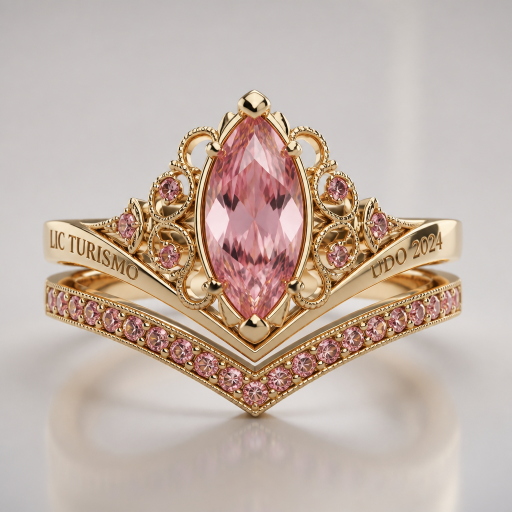 A modern women's ring made of gold, highly ornate, intricate and elaborate, richly detailed. genera un anillo de grado, la piedra central corte marquis de color rosado tamaño 7x14mm, la banda de este anillo sería en corte V que en un lateral diga LIC TURISMO y del otro UDO 2024, adicional a esto me gustaría agregar debajo de este anillo una banda con circones también en forma V los circones de 1,25mm de color rosado
photorealistic jewelry design, A modern women's ring made of gold, highly ornate, intricate and elaborate, richly detailed. genera un anillo de grado, la piedra central corte marquis de color rosado tamaño 7x14mm, la banda de este anillo sería en corte V que en un lateral diga LIC TURISMO y del otro UDO 2024, adicional a esto me gustaría agregar debajo de este anillo una banda con circones también en forma V los circones de 1,25mm de color rosado, modern style, just the design no text