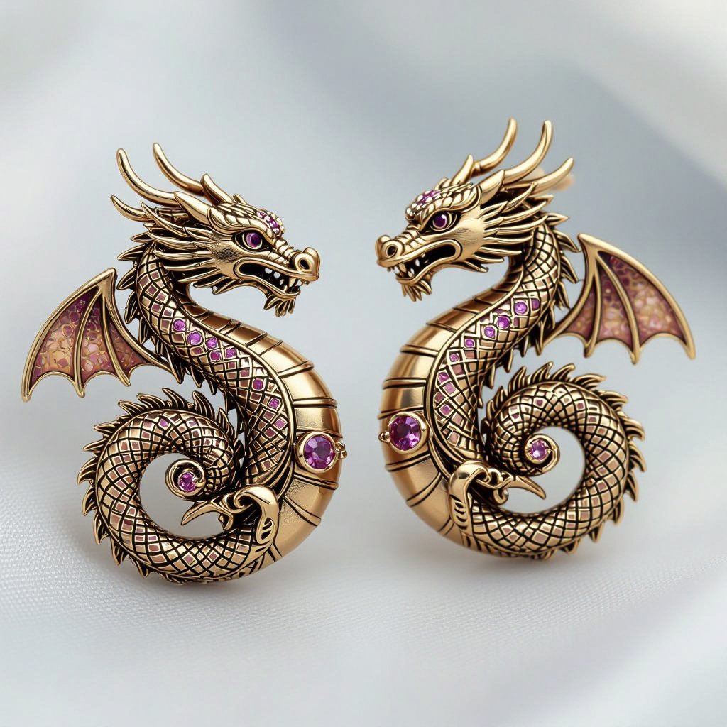 Золотые матовые серьги со схематическим изображением дракона узоры и камни мелкие раузтопаз