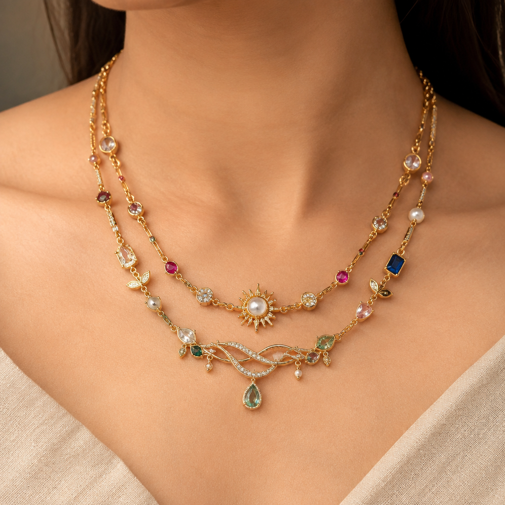 A women's necklace. a thin good necklace that has all types of stones but it should be very unique it should contain some meaning that it should has varun, swapna, seshwika I want it should look like double layered and it should look like real gold not replica the design should not be match with any other item
photorealistic jewelry design, A women's necklace. a thin good necklace that has all types of stones but it should be very unique it should contain some meaning that it should has varun, swapna, seshwika I want it should look like double layered and it should look like real gold not replica the design should not be match with any other item, modern style, just the design no text
