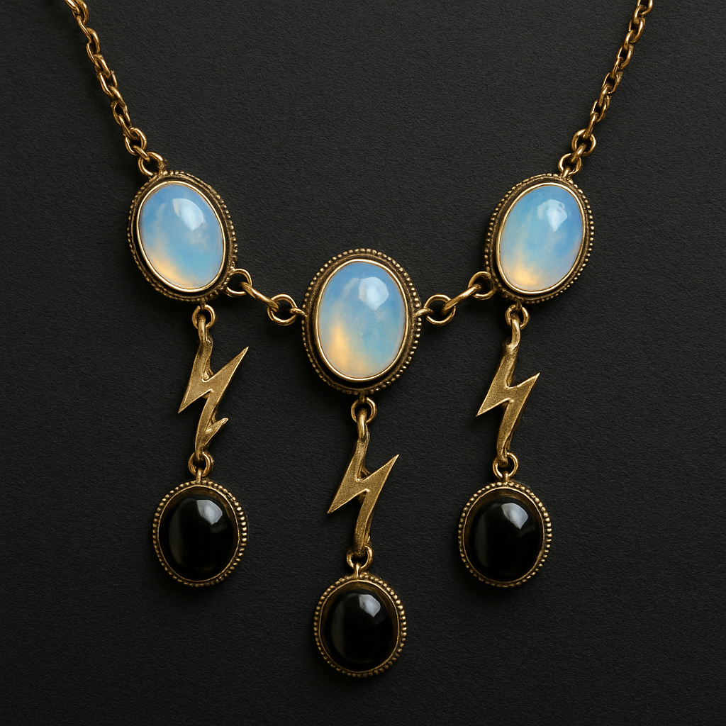 Opalite and onyx necklace linked with gold lightening strikes