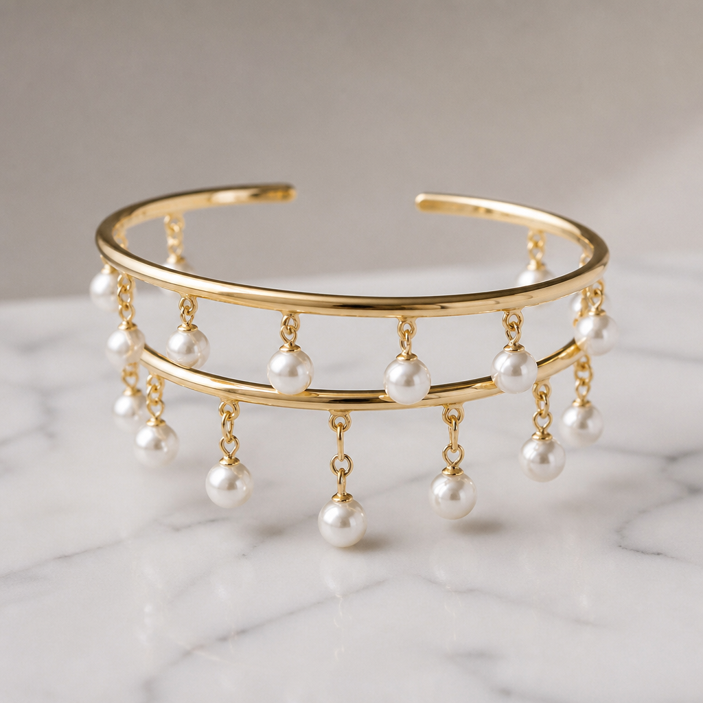 A women's ring. un brazalete fino de oro con perlas colgándose estilo cascada y que sean de 2 pisos
photorealistic jewelry design, A women's ring. un brazalete fino de oro con perlas colgándose estilo cascada y que sean de 2 pisos, modern style, just the design no text