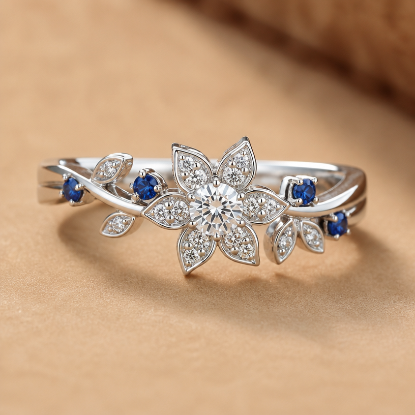 A asian-inspired women's ring made of white gold with diamond and sapphire stones. with a center diamond and small sapphires
using the attached image as a visual reference, create A asian-inspired women's ring made of white gold with diamond and sapphire stones. with a center diamond and small sapphires. photorealistic, just the design no text