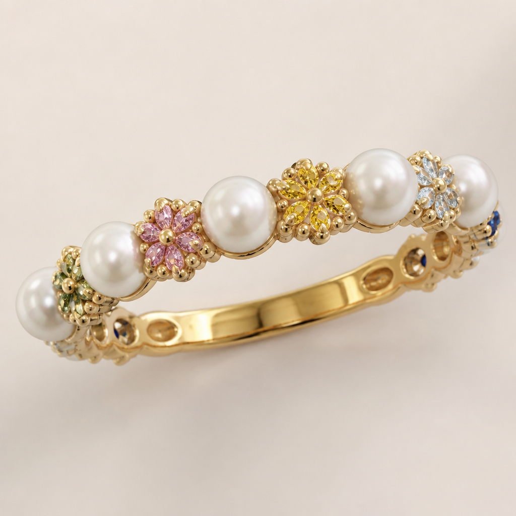 One pearl band with mini multicolored daisy shaped diamonds in between each pearl with mini gold pearls surrounding the daisies
photorealistic jewelry design, One pearl band with mini multicolored daisy shaped diamonds in between each pearl with mini gold pearls surrounding the daisies , fantasy style, just the design no text