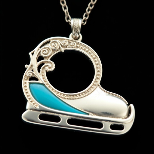 Silver Pendant shape one ice skate with turquoise stripe inside the low thin part blade