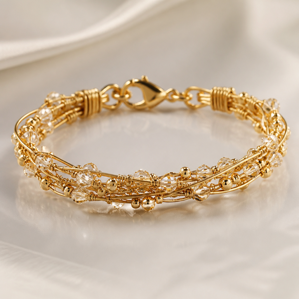 A women's bracelet made of gold suitable for daily wear. a bracelet made from wire, seed beads and crystal beads for wearing everyday. elegant yet makes a bold statement
photorealistic jewelry design, A women's bracelet made of gold suitable for daily wear. a bracelet made from wire, seed beads and crystal beads for wearing everyday. elegant yet makes a bold statement, modern style, just the design no text