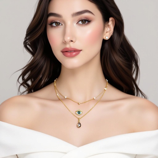 Тонкая цепочка с золотыми шариками и мелкими жемчужными камушками на цепочке есть кулон в форме глаза, зрачок глаза из раухтопаза от глаза идет маленькая подвеска с маленьким камушком 