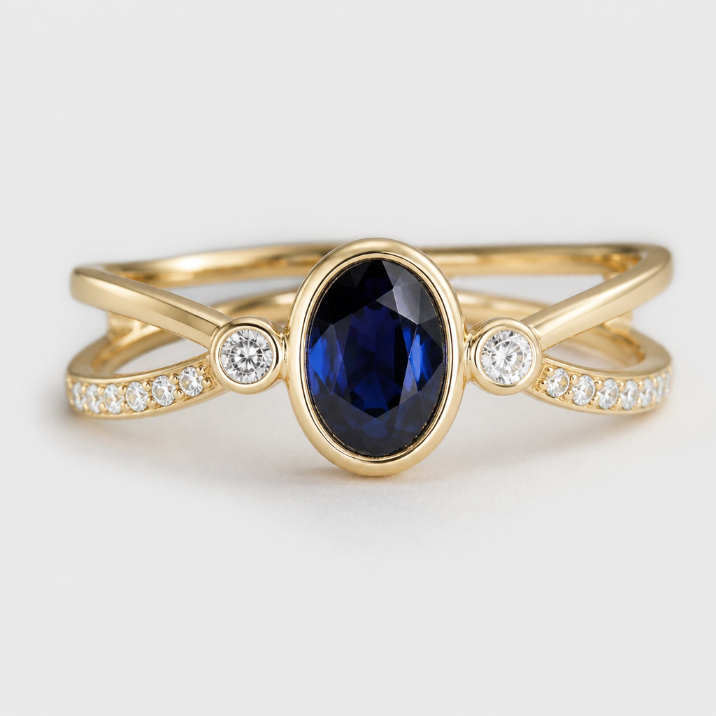 A modern women's ring made of gold with sapphire and diamond stones suitable for daily wear. use an oval centre piece sapphire with bezel diamonds either side like a floating setting. Put 6 little diamonds each side in the band which is open loop ribbons that crosses over but is only joined by the gems
photorealistic jewelry design, A modern women's ring made of gold with sapphire and diamond stones suitable for daily wear. use an oval centre piece sapphire with bezel diamonds either side like a floating setting. Put 6 little diamonds each side in the band which is open loop ribbons that crosses over but is only joined by the gems, modern style, just the design no text