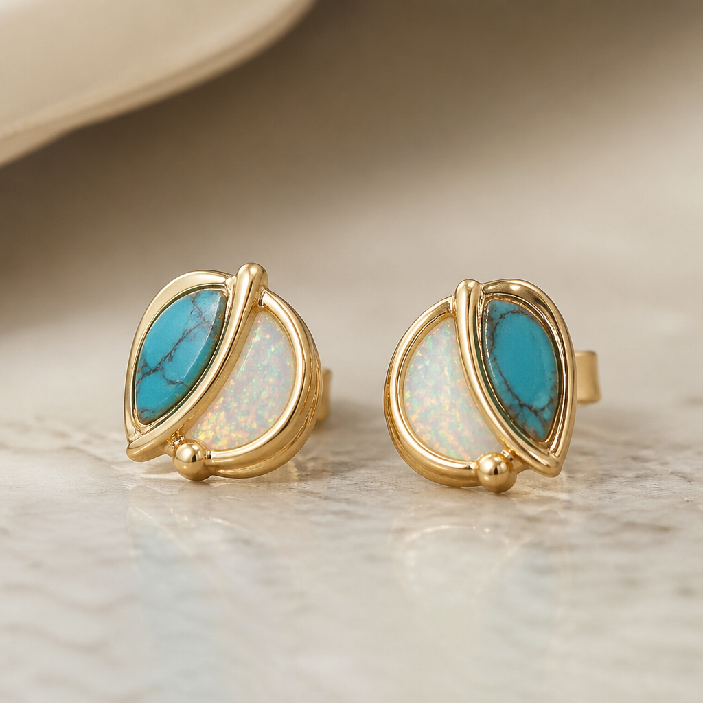 A luxury women's earrings made of titanium with turquoise and opal stones suitable for daily wear, minimalist, simple and delicate, clean lines. a classy jewel wearable at all occasions
photorealistic jewelry design, A luxury women's earrings made of titanium with turquoise and opal stones suitable for daily wear, minimalist, simple and delicate, clean lines. a classy jewel wearable at all occasions, luxury style, just the design no text