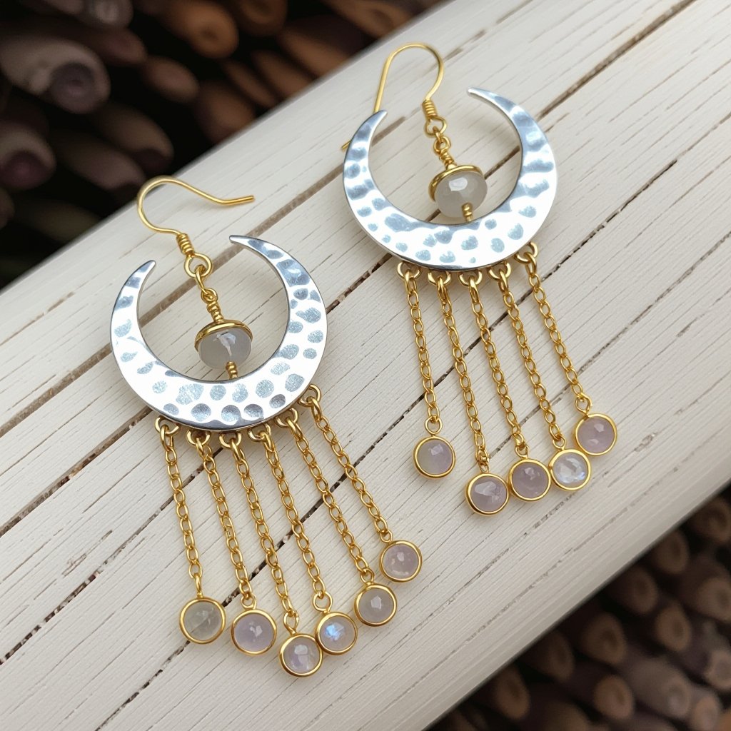 Серебряные серьги словно мятое серебро полумесяц вертикальный 2 см, сверху крепится к швензе. От полумесяца идет три цепочки золотого цвета, у каждой на конце мелкий камушек лунный камень