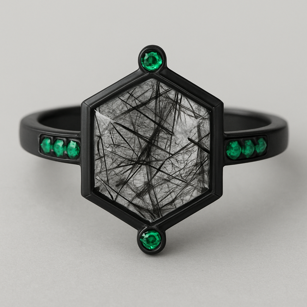 Hexagon cut tourmalated quarts, small emeralds top and bottom, stones on the side, black band 