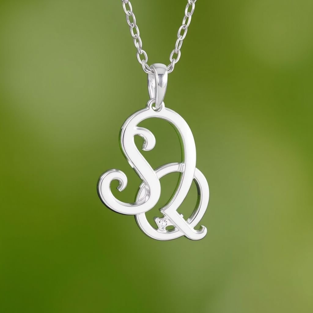 silver necklace with the pendant in conjoined letters SQ with white  stones. Make it cute and simple 