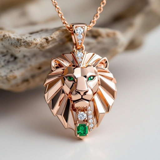 Geomatric lion of architecture shape and edge of diamonds and emerlad of rose gold 
