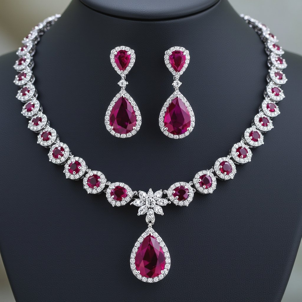 Ruby luxury necklace long pear drop style and luxury earring set Platinum necklace, ruby pear drops, diamond accents, prong setting. Matching platinum earrings, ruby pear drops, diamond accents, prong setting.