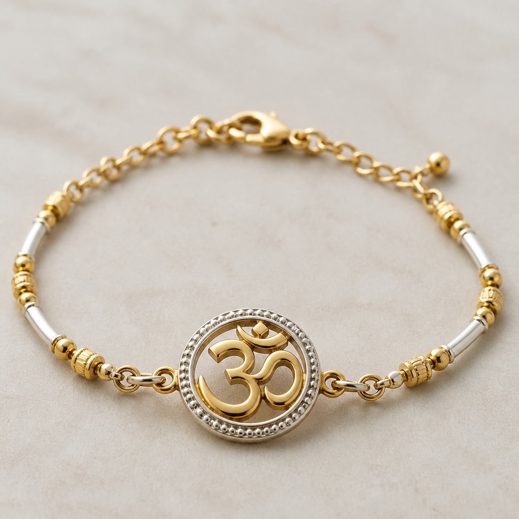 A classic women's bracelet made of mixed metal suitable for daily wear. make an symbol of om 🕉 in center
photorealistic jewelry design, A classic women's bracelet made of mixed metal suitable for daily wear. make an symbol of om 🕉 in center, classic style, just the design no text