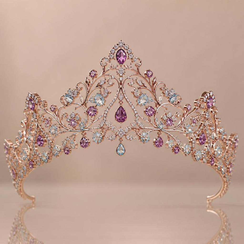 A islamic women's tiara made of rose gold with diamond and amethyst and aquamarine stones suitable for formal, highly ornate, intricate and elaborate, richly detailed. delicado y sencillo y que este envuelto en finas enredaderas
photorealistic jewelry design, A islamic women's tiara made of rose gold with diamond and amethyst and aquamarine stones suitable for formal, highly ornate, intricate and elaborate, richly detailed. delicado y sencillo y que este envuelto en finas enredaderas, islamic style, just the design no text