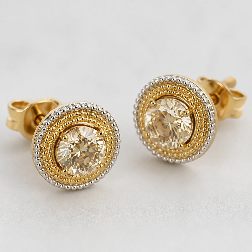 Earrings 585 gold, solitaire, champagne color diamond, milgraine, white gold on the outer edge
photorealistic jewelry design, Earrings 585 gold, solitaire, champagne color diamond, milgraine, white gold on the outer edge, just the design no text
