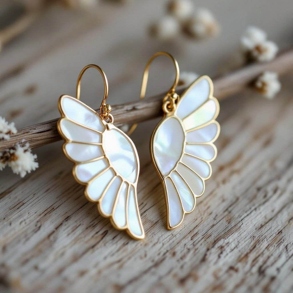 Серьги золотые в виде белого крыла ангела из перламутра 