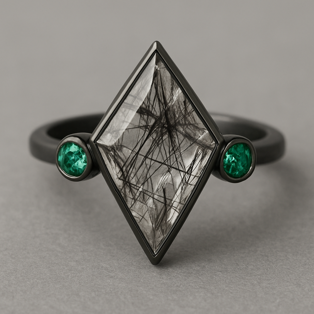 Kite cut Black rutilated quartz with emerald accent stones on a black band