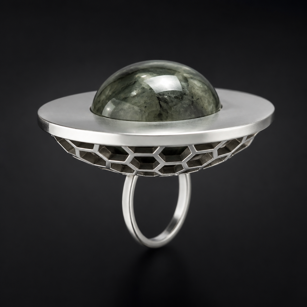A women's ring. Create a photorealistic high-end jewelry render based strictly on my uploaded sketch. Preserve my sketch's exact design concept and proportions. The ring has a round half-dome cabochon gemstone, flat on the bottom and smoothly domed on top. A perfectly flat circular sterling-silver plate directly underneath the gemstone. The silver plate extends approximately3 mm beyond the gemstone on all sides. Beneath the flat plate, an outer layer made of open hexagonal honeycomb geometry. The honeycomb structure forms the visible underside of the circular platform and connects downward toward the center. At the center underneath the structure, attach one completely simple, smooth , plain sterling-silver ring shank. The shank must be minimal and centered. IMPORTANT: Preserve the design from my reference sketch. Do not add side stones. Do not add claws or prongs on top of the gemstone. Do not add engraving. Do not add decorative elements or extra details. Do not replace the honeycomb pattern. Keep it minimalist, architectural, elegant, and handmade. Show a three-quarter perspective from slightly above, so both the flat silver platform and the honeycomb underside are clearly visible. Use realistic sterling silver, realistic gemstone, detailed metalwork, studio lighting, neutral dark background. Use my uploaded sketch as the primary visual reference. Preserve its geometry and proportions as closely as possible.
photorealistic jewelry design, A women's ring. Create a photorealistic high-end jewelry render based strictly on my uploaded sketch. Preserve my sketch's exact design concept and proportions. The ring has a round half-dome cabochon gemstone, flat on the bottom and smoothly domed on top. A perfectly flat circular sterling-silver plate directly underneath the gemstone. The silver plate extends approximately3 mm beyond the gemstone on all sides. Beneath the flat plate, an outer layer made of open hexagonal honeycomb geometry. The honeycomb structure forms the visible underside of the circular platform and connects downward toward the center. At the center underneath the structure, attach one completely simple, smooth , plain sterling-silver ring shank. The shank must be minimal and centered. IMPORTANT: Preserve the design from my reference sketch. Do not add side stones. Do not add claws or prongs on top of the gemstone. Do not add engraving. Do not add decorative elements or extra details. Do not replace the honeycomb pattern. Keep it minimalist, architectural, elegant, and handmade. Show a three-quarter perspective from slightly above, so both the flat silver platform and the honeycomb underside are clearly visible. Use realistic sterling silver, realistic gemstone, detailed metalwork, studio lighting, neutral dark background. Use my uploaded sketch as the primary visual reference. Preserve its geometry and proportions as closely as possible., modern style, just the design no text