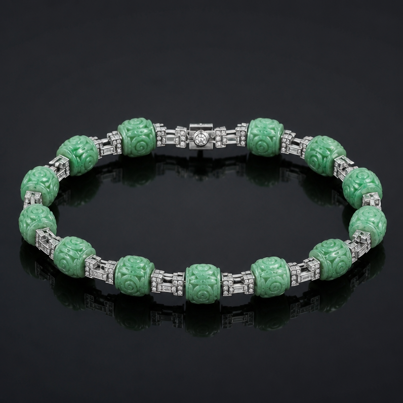 A art deco women's bracelet with diamond stones. Create a 6-inch bracelet using the 12 beads shown in the attached picture. Each bead is 9.7 millimeters long.
using the attached image as a visual reference, create A art deco women's bracelet with diamond stones. Create a 6-inch bracelet using the 12 beads shown in the attached picture. Each bead is 9.7 millimeters long.. photorealistic, just the design no text