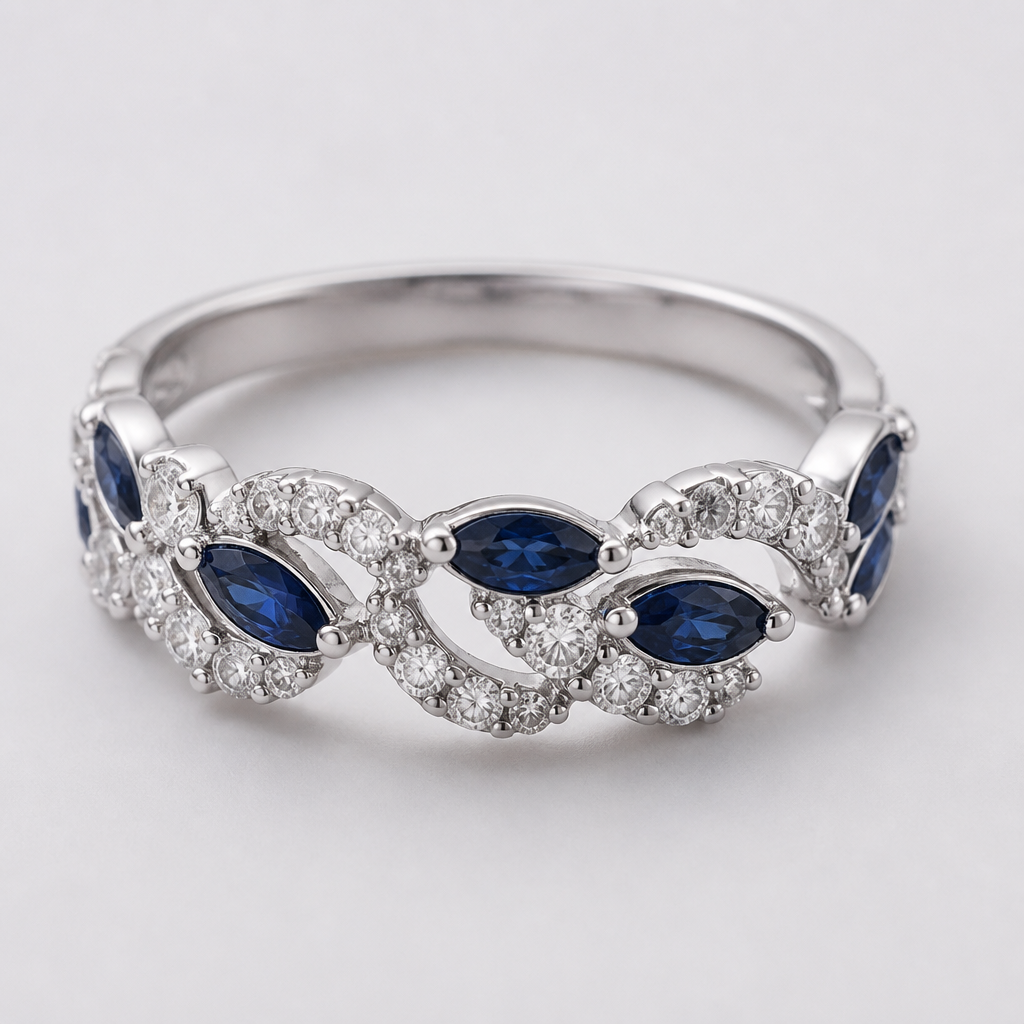 A women's ring made of white gold with sapphire and diamond stones, detailed and decorative, moderately ornate. using a pair of sapphire and diamond hoop earrings, I would like to create a ring using the materials in those earrings.
photorealistic jewelry design, A women's ring made of white gold with sapphire and diamond stones, detailed and decorative, moderately ornate. using a pair of sapphire and diamond hoop earrings, I would like to create a ring using the materials in those earrings., modern style, just the design no text