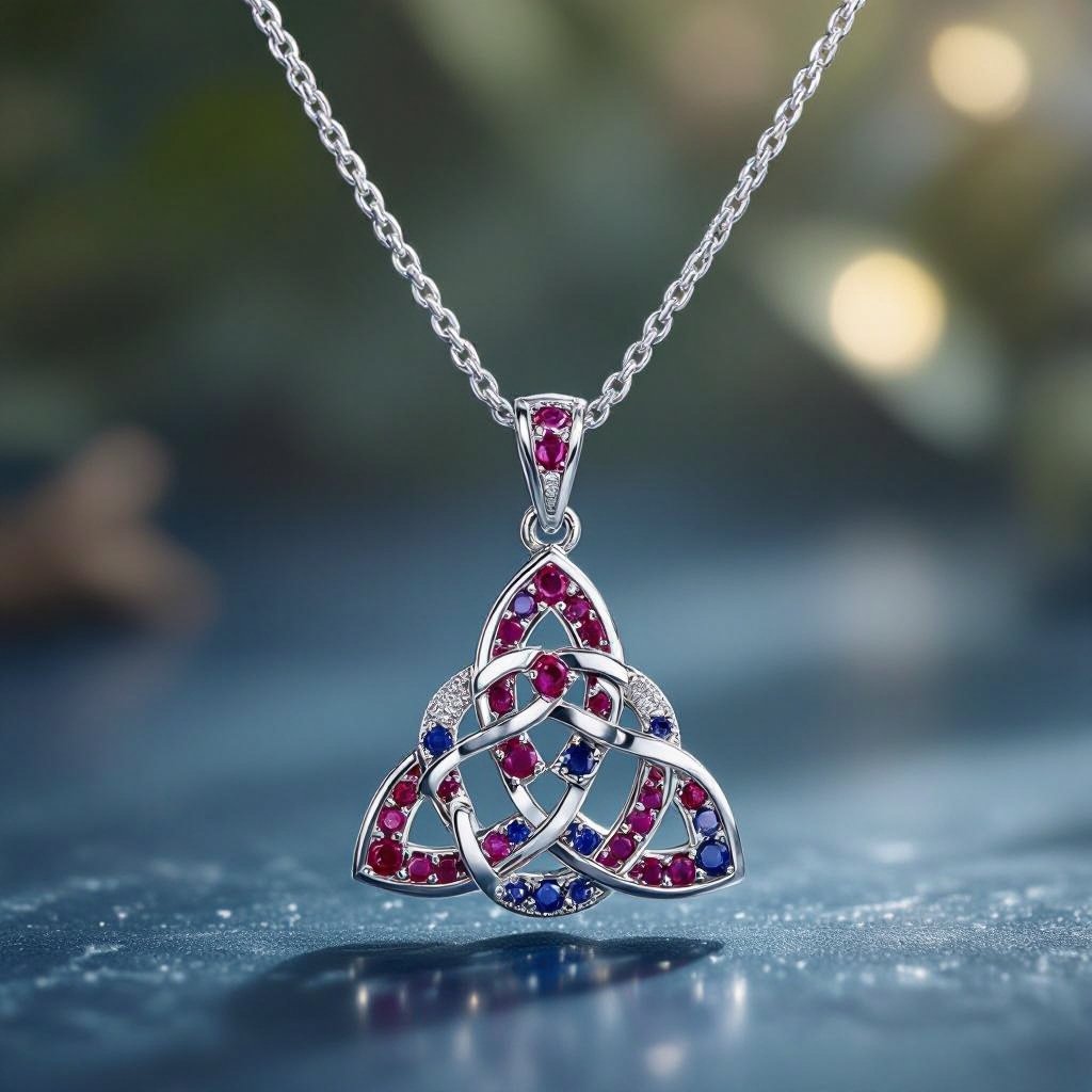  A celtic trinity knot 50 carat necklace with VVS asscher-cut  ruby and sapphire gemstones and 18k silver chain