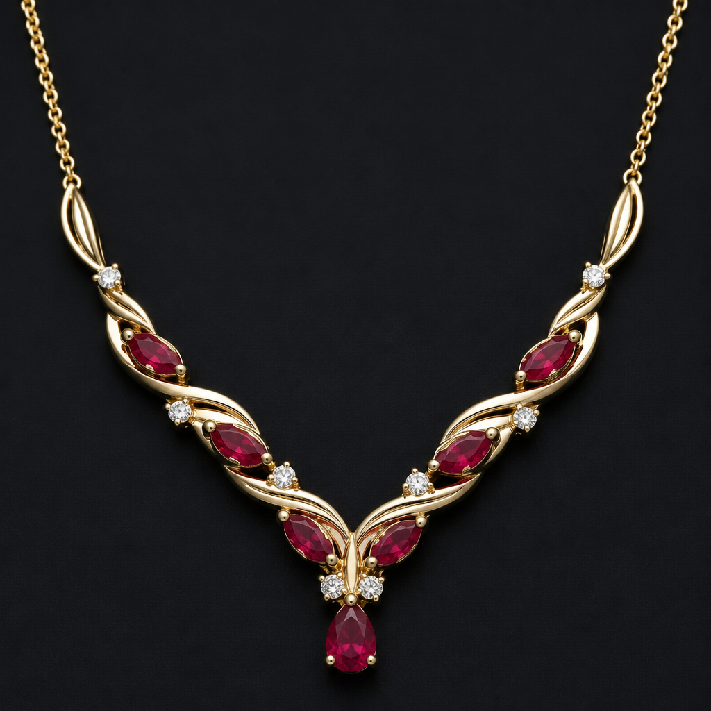 A modern women's necklace made of gold with ruby stones
photorealistic jewelry design, A modern women's necklace made of gold with ruby stones, modern style, just the design no text