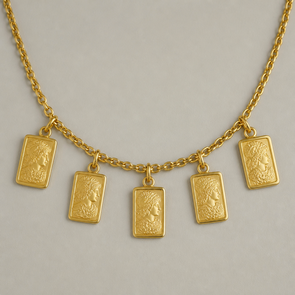 I want a necklace with five Pamp one gram bars dangling from it as charms
photorealistic jewelry design, I want a necklace with five Pamp one gram bars dangling from it as charms , classic style, just the design no text