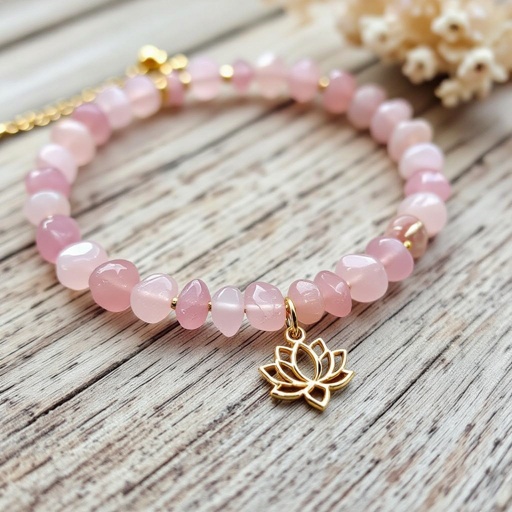 Чокер из натурального мелкого необработанного розового кварца неровной формы бусины с золотой маленькой подвеской в форме лотоса